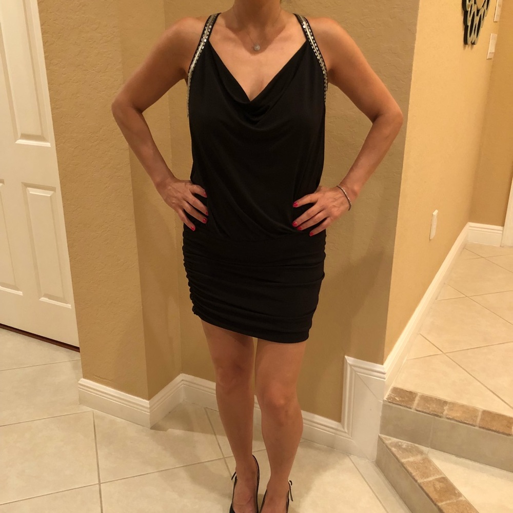 Black Guess Dress with Ruching and Silver Edging